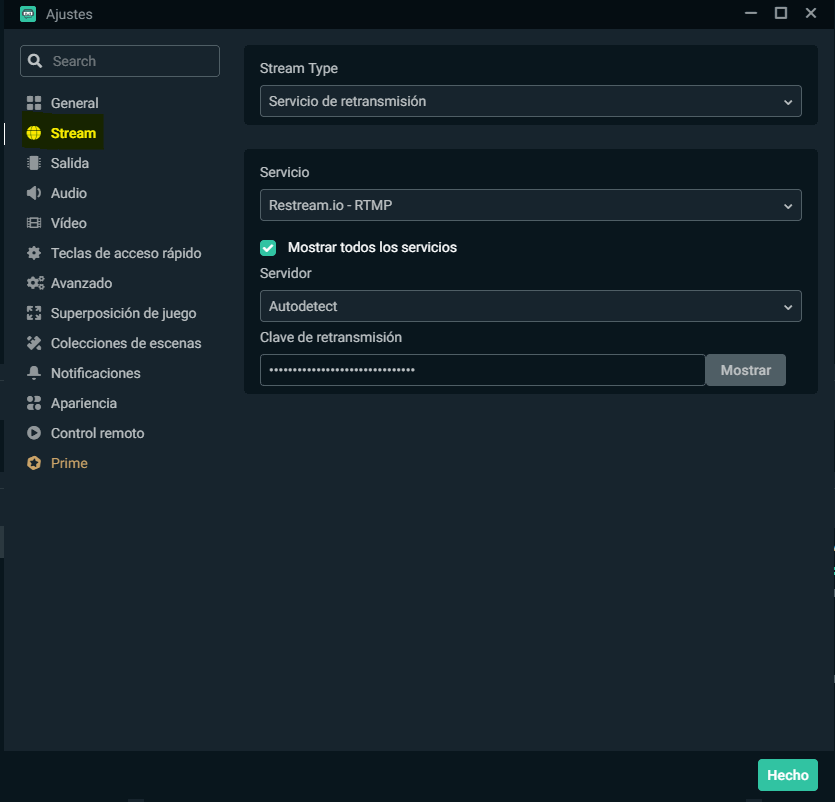 Interfaz configuración de OBS